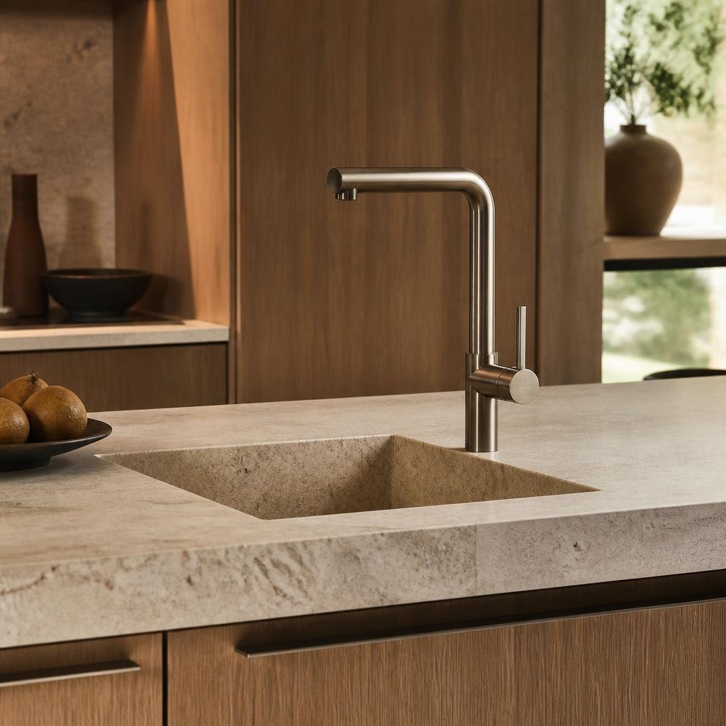 Close-up of an ALVEUS sink and considered kitchen materials